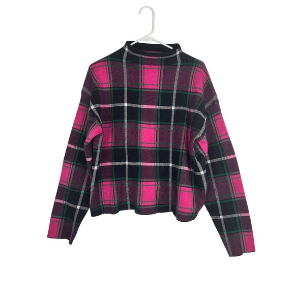Tahari Womens Plaid Pink & Black High Neck Sweater Rayon/Viscose Blend Large - Picture 2 of 8